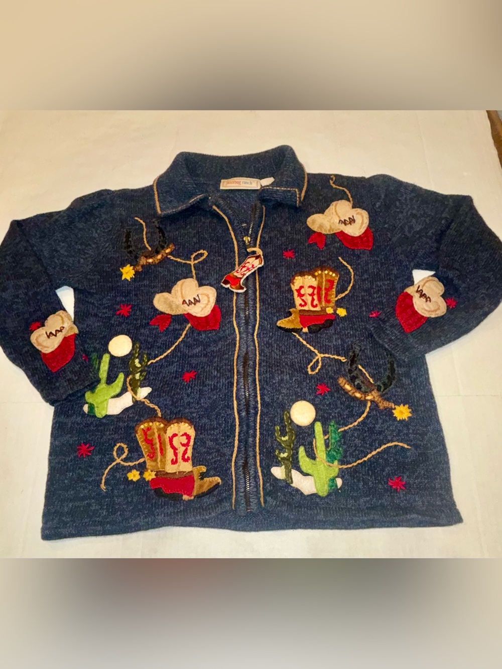 Jitterbug Ranch Western Cowboy Applique Zip-Up Cardigan Sweater